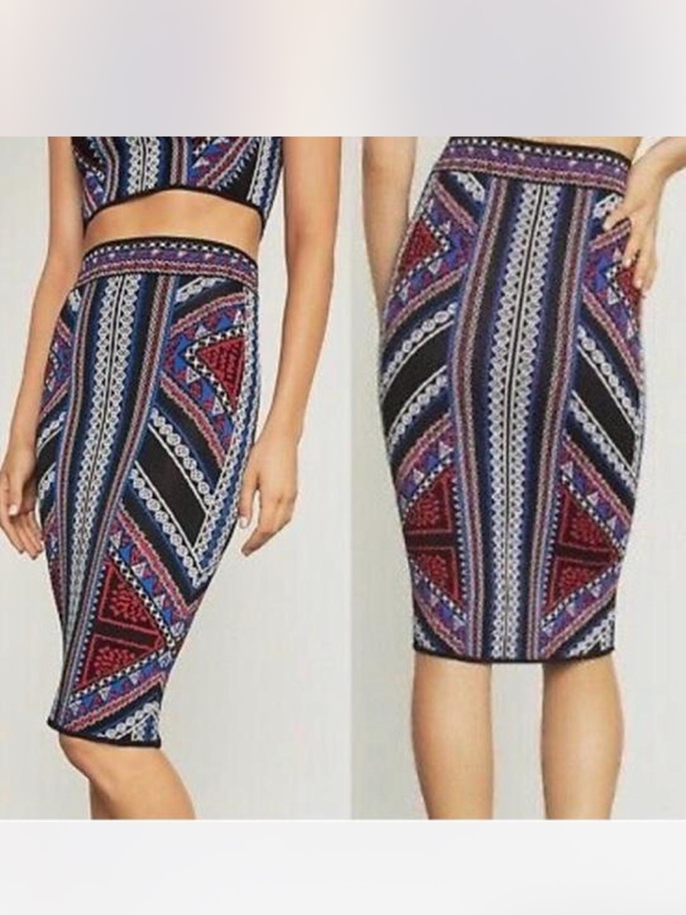 New BCBGMAXAZRIA Venetian red blue bandage knee length skirt size small